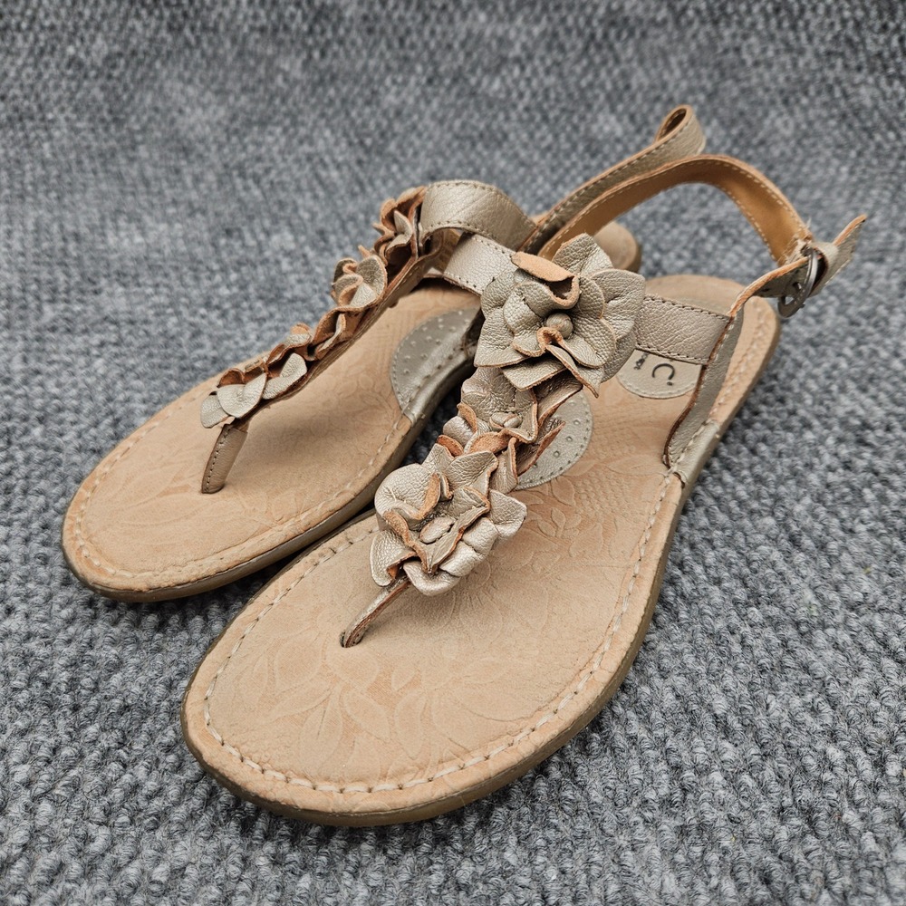 B.O.C. Born Women's 7 Gold Sandals Flower Applique Boho Leather Slingback Thong